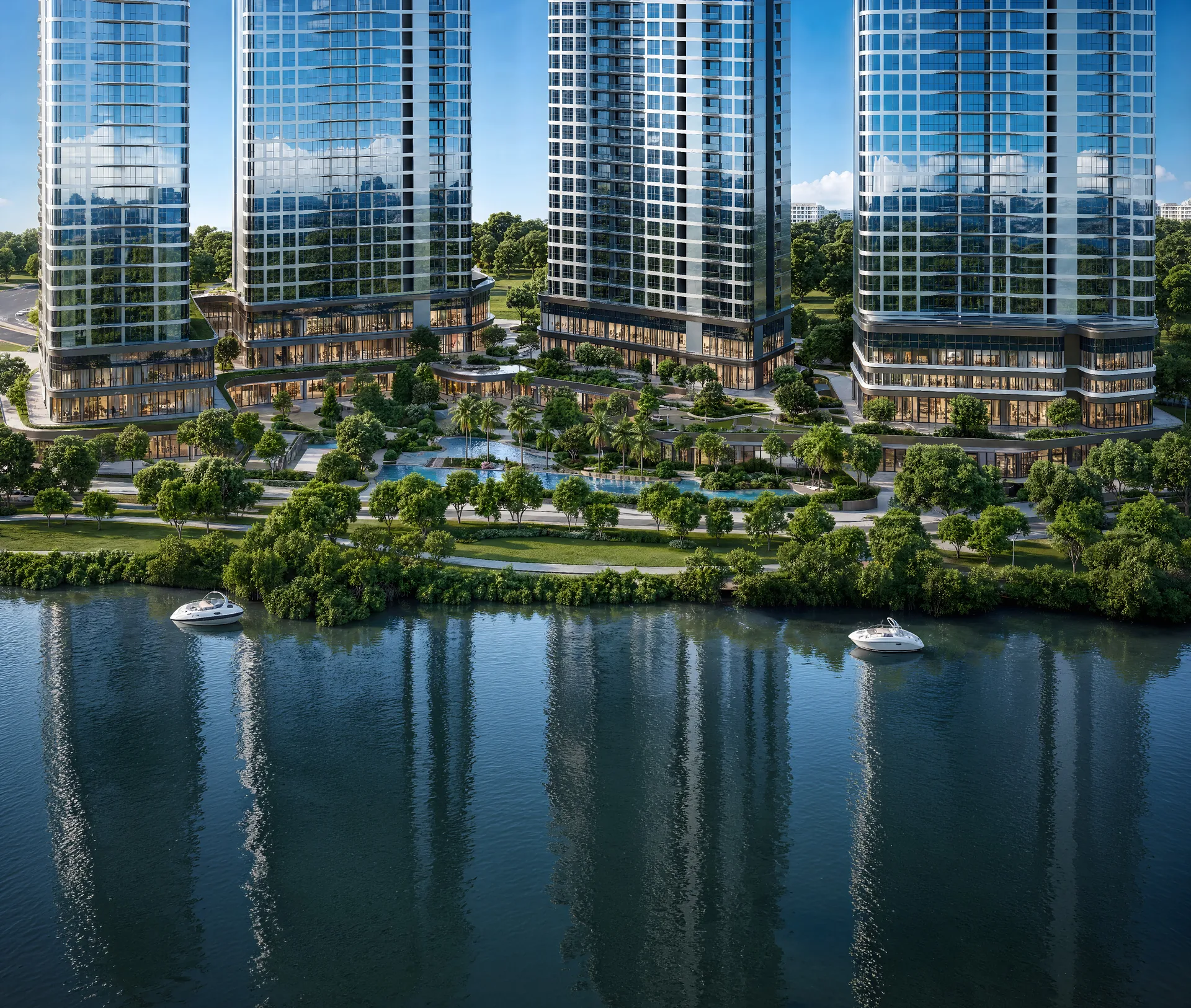 Phối cảnh tháp căn hộ Palm River bên bờ sông