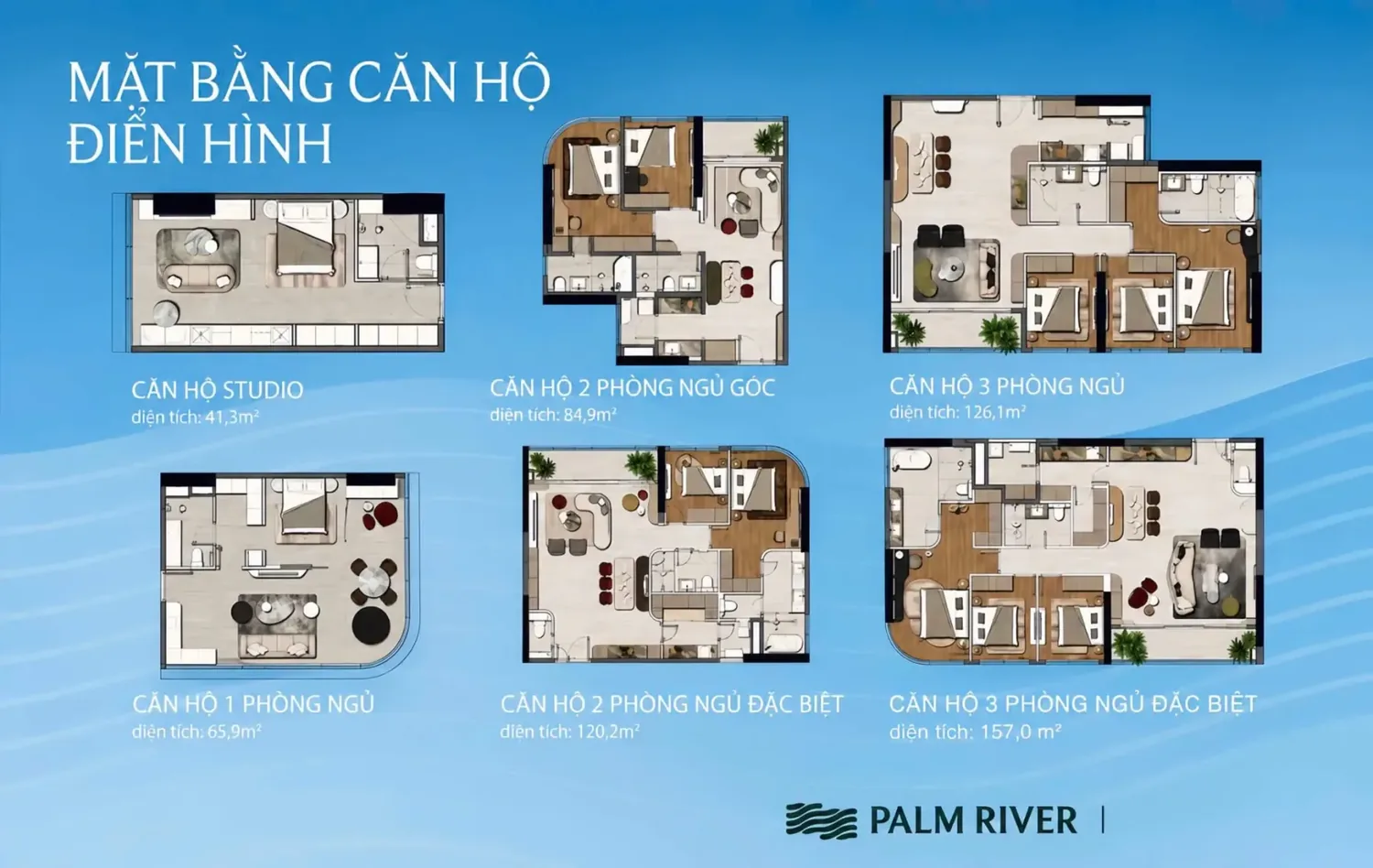 Mặt bằng căn hộ điển hình, đủ 6 loại, ấn phẩm Palm River.