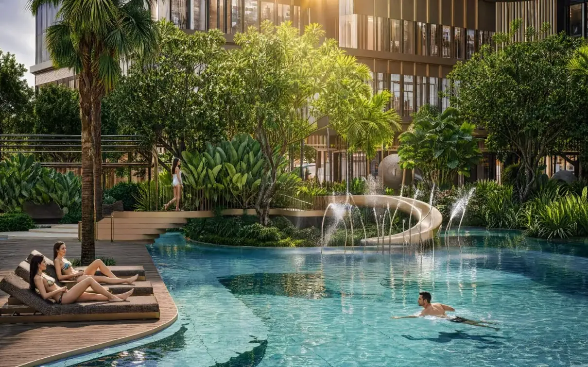 Phối cảnh tiện ích: Hồ bơi phong cách resort và thác nước
