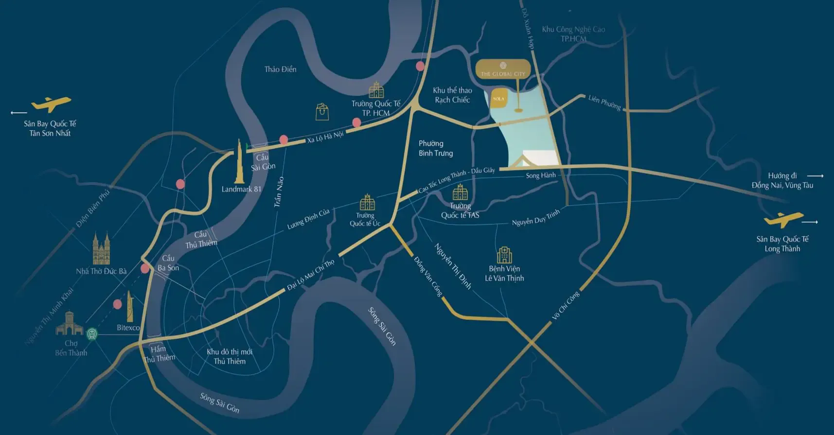 Sơ đồ mặt bằng bán đảo SOLA — bản đồ kết nối vùng từ The Global City