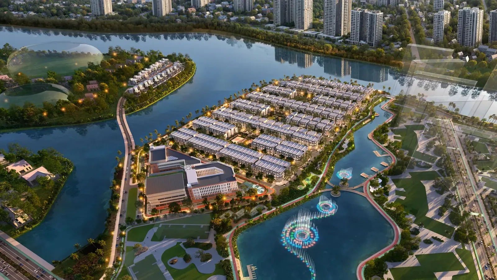 Biệt thự đơn lập SOLA The Global City nhìn từ mặt nước lúc hoàng hôn