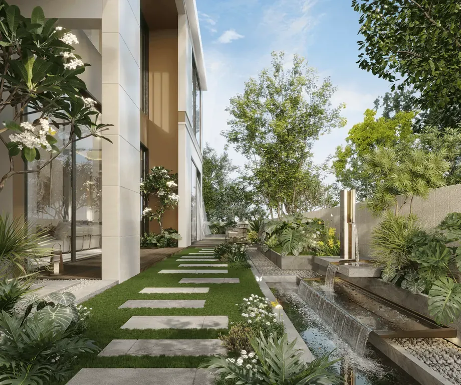 Biệt thự song lập SOLA The Global City — vườn xanh kế bên hiên nhà