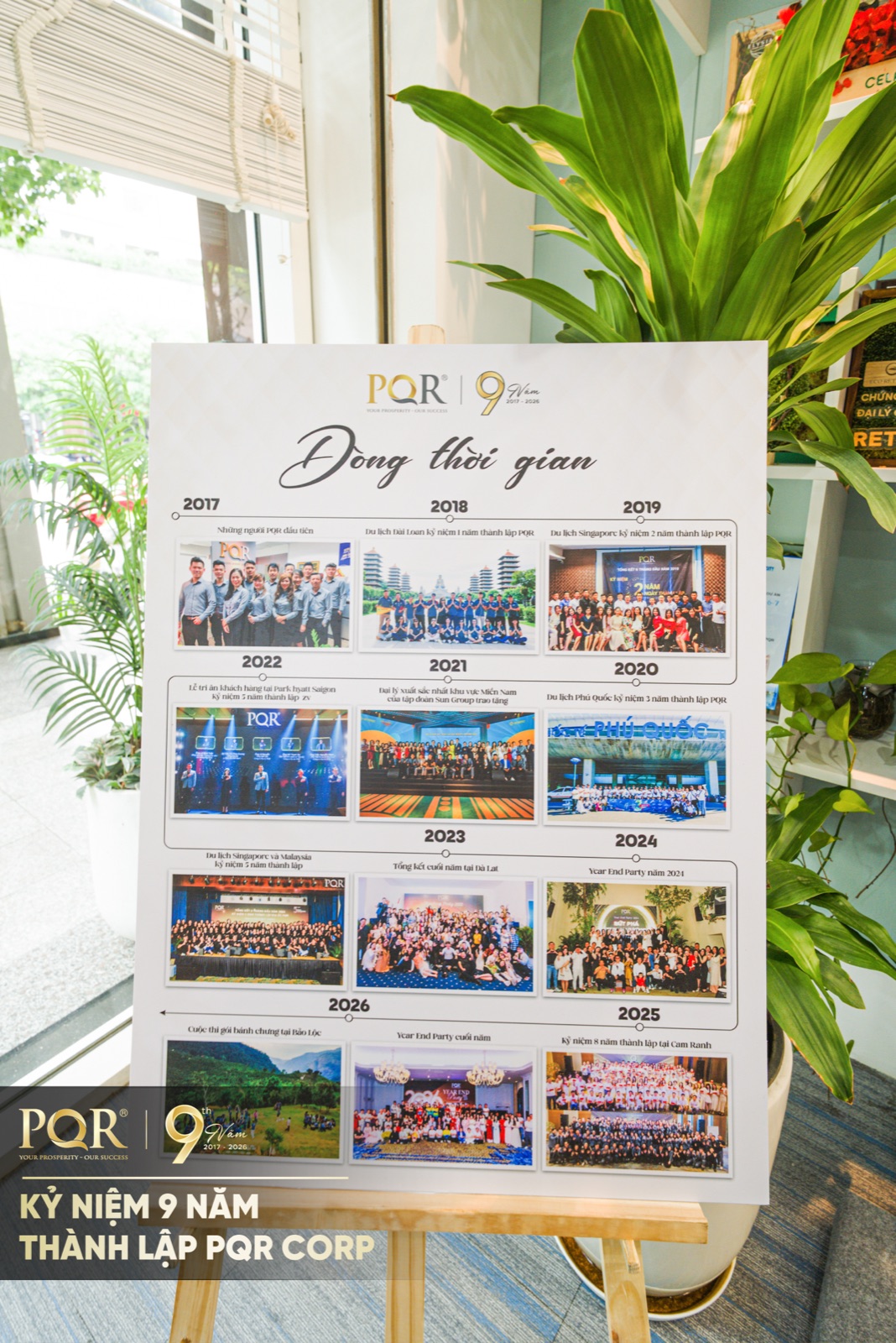 Poster dòng thời gian hành trình 9 năm phát triển của PQR Corp từ 2017 đến 2026